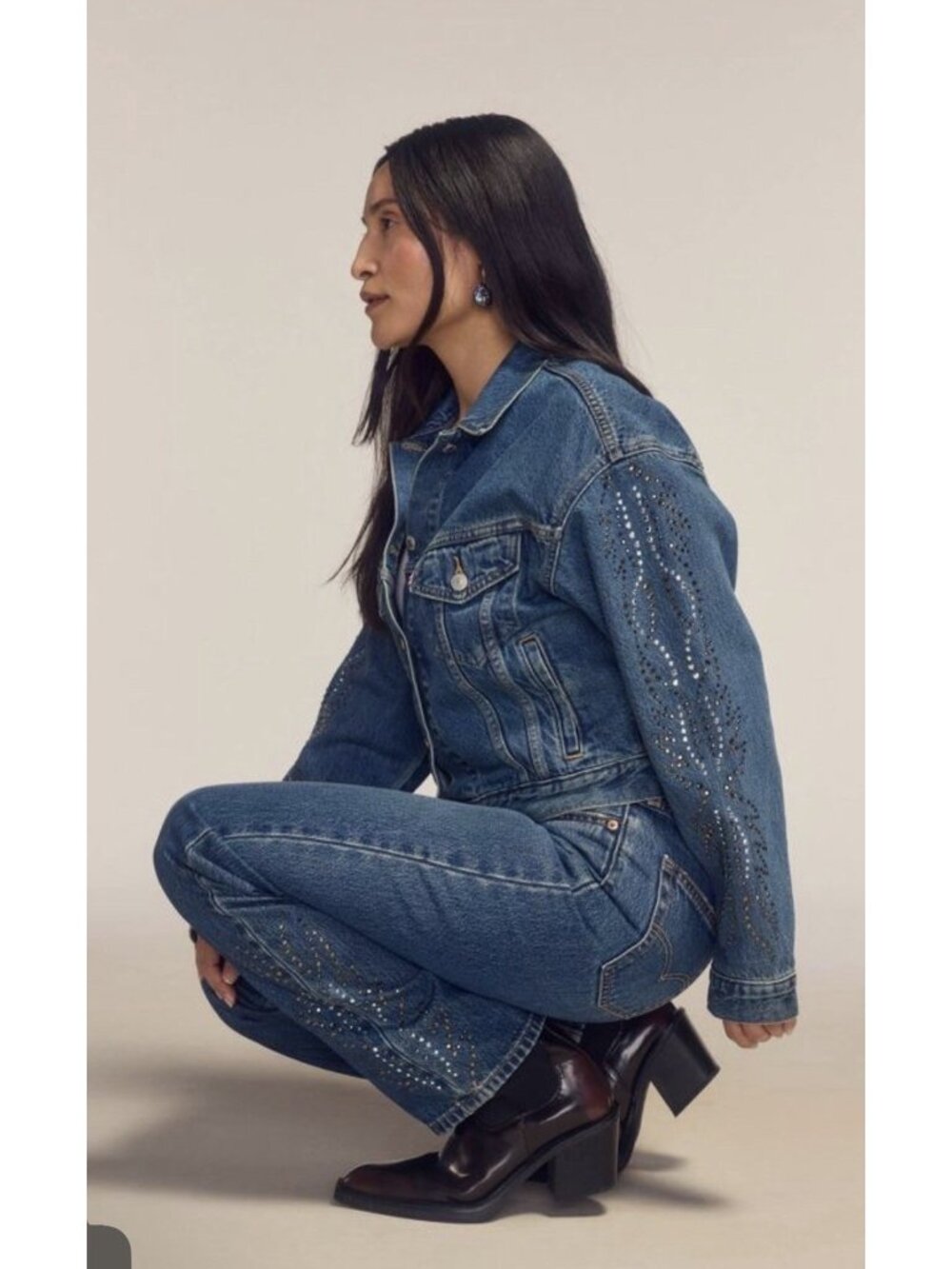 Levi's 90's Trucker Jacket Small Shrunken Rhinestone Denim Jacket D.Wash Western - Picture 13 of 13